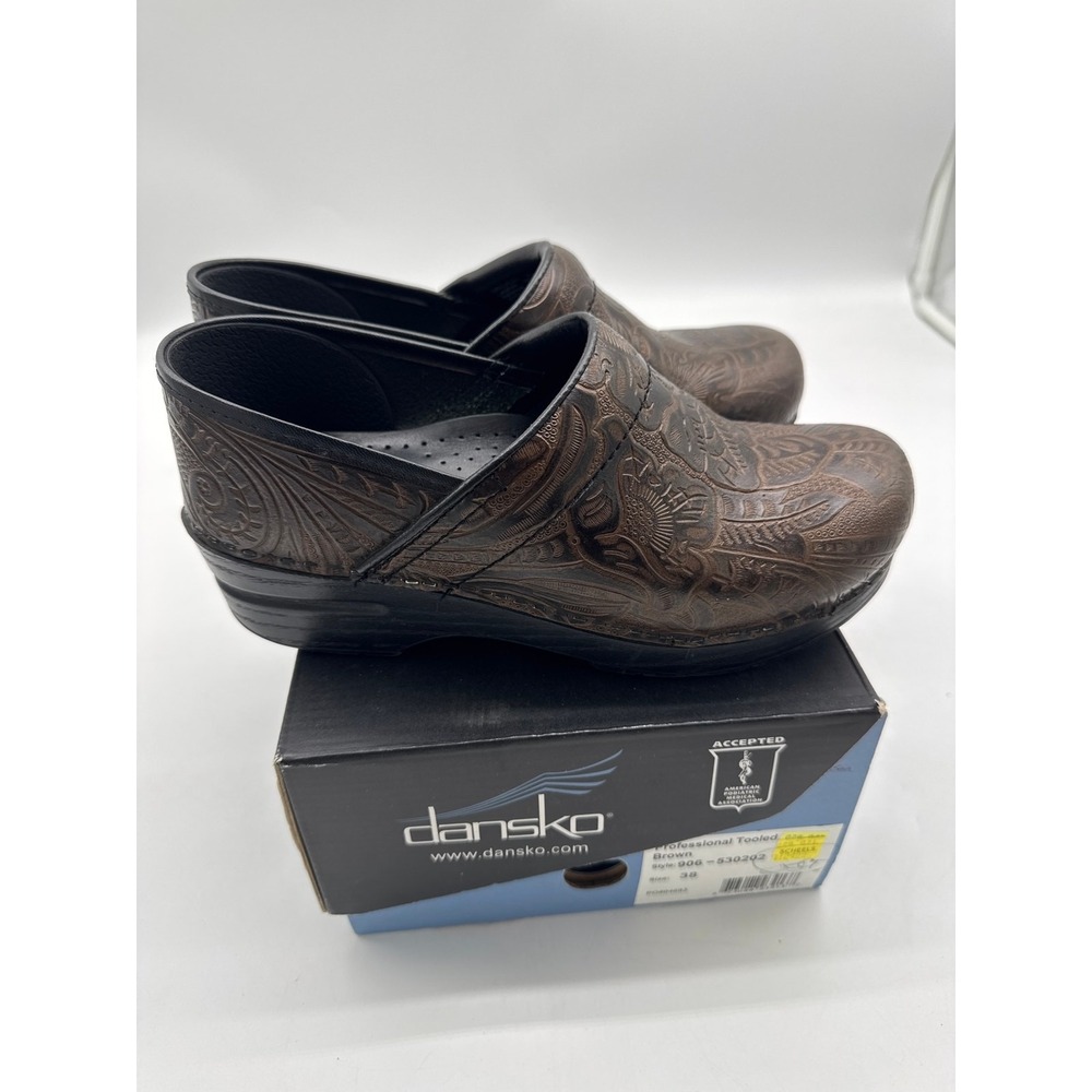Dansko Professional Tooled Leather Clogs Sz. 38 /7.5 Work Shoes Brown Floral